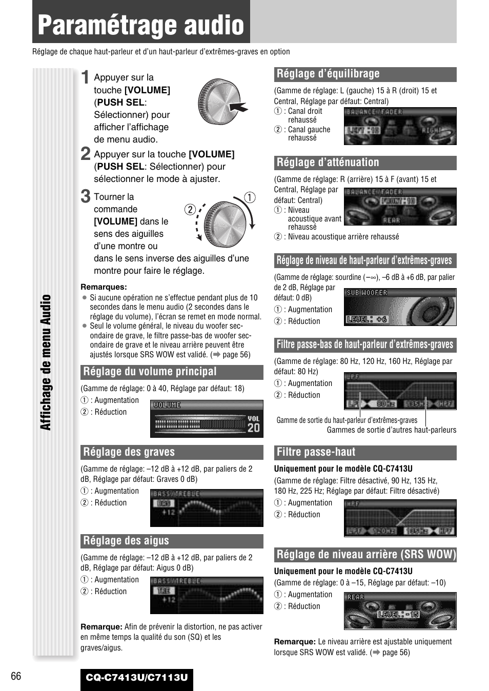 Au besoin, Parametrage audio, Paramétrage audio | Affichage de menu audio | Panasonic CQ-C7413U User Manual | Page 66 / 114
