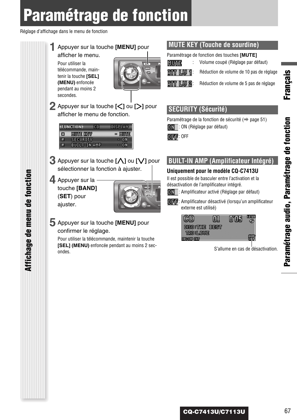 Paramétrage de fonction, Français, Paramétrage audio, paramétrage de fonction | Affichage de menu de fonction | Panasonic CQ-C7413U User Manual | Page 67 / 114