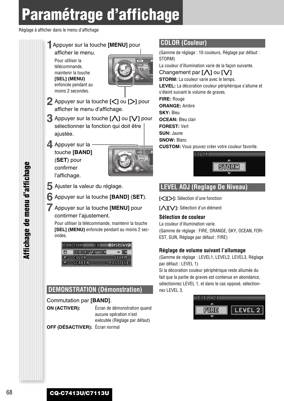 Parametrage d'affichage, Paramétrage d’affichage, Affichage de menu d’affichage | Panasonic CQ-C7413U User Manual | Page 68 / 114