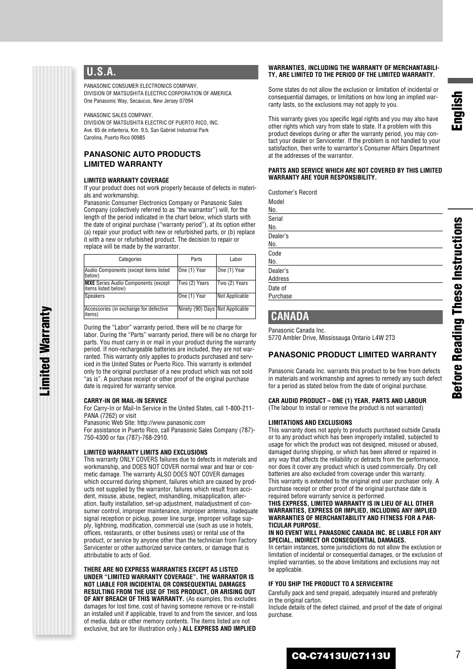 English, U.s.a, Canada | Panasonic CQ-C7413U User Manual | Page 7 / 114
