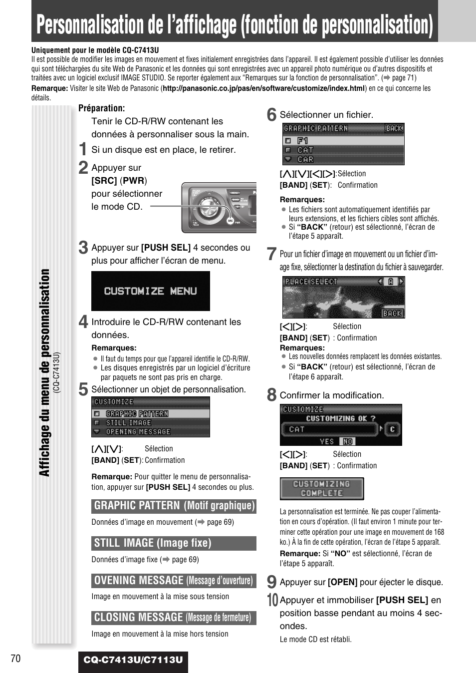 Affichage du menu de personnalisation | Panasonic CQ-C7413U User Manual | Page 70 / 114