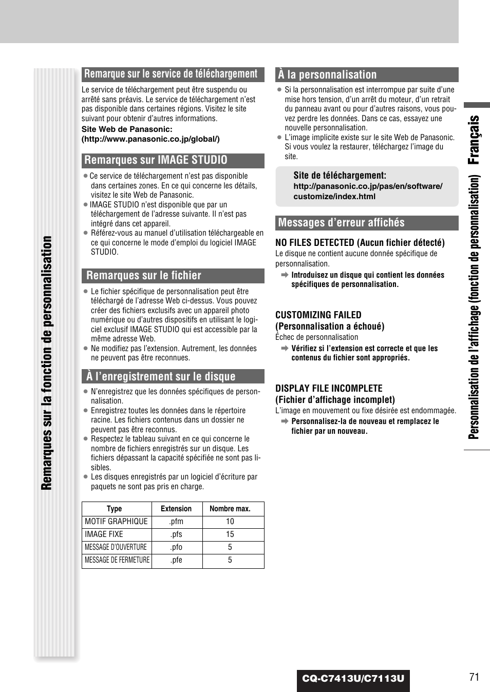 Français, Remarque sur le service de téléchargement, Remarques sur image studio | Remarques sur le fichier, À l’enregistrement sur le disque, À la personnalisation, Messages d’erreur affichés | Panasonic CQ-C7413U User Manual | Page 71 / 114