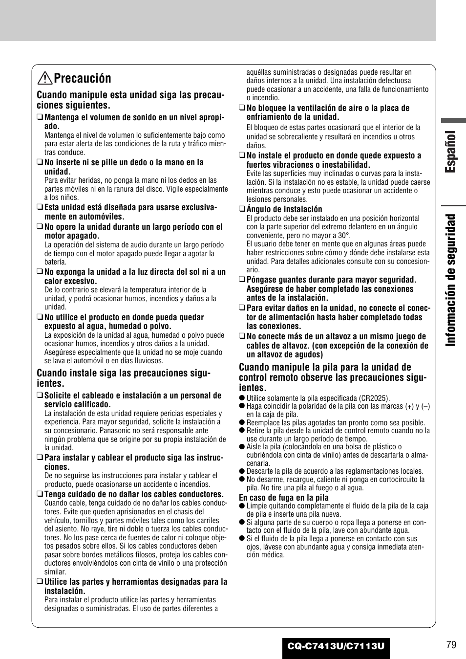 Español, Información de seguridad, Precaución | Panasonic CQ-C7413U User Manual | Page 79 / 114