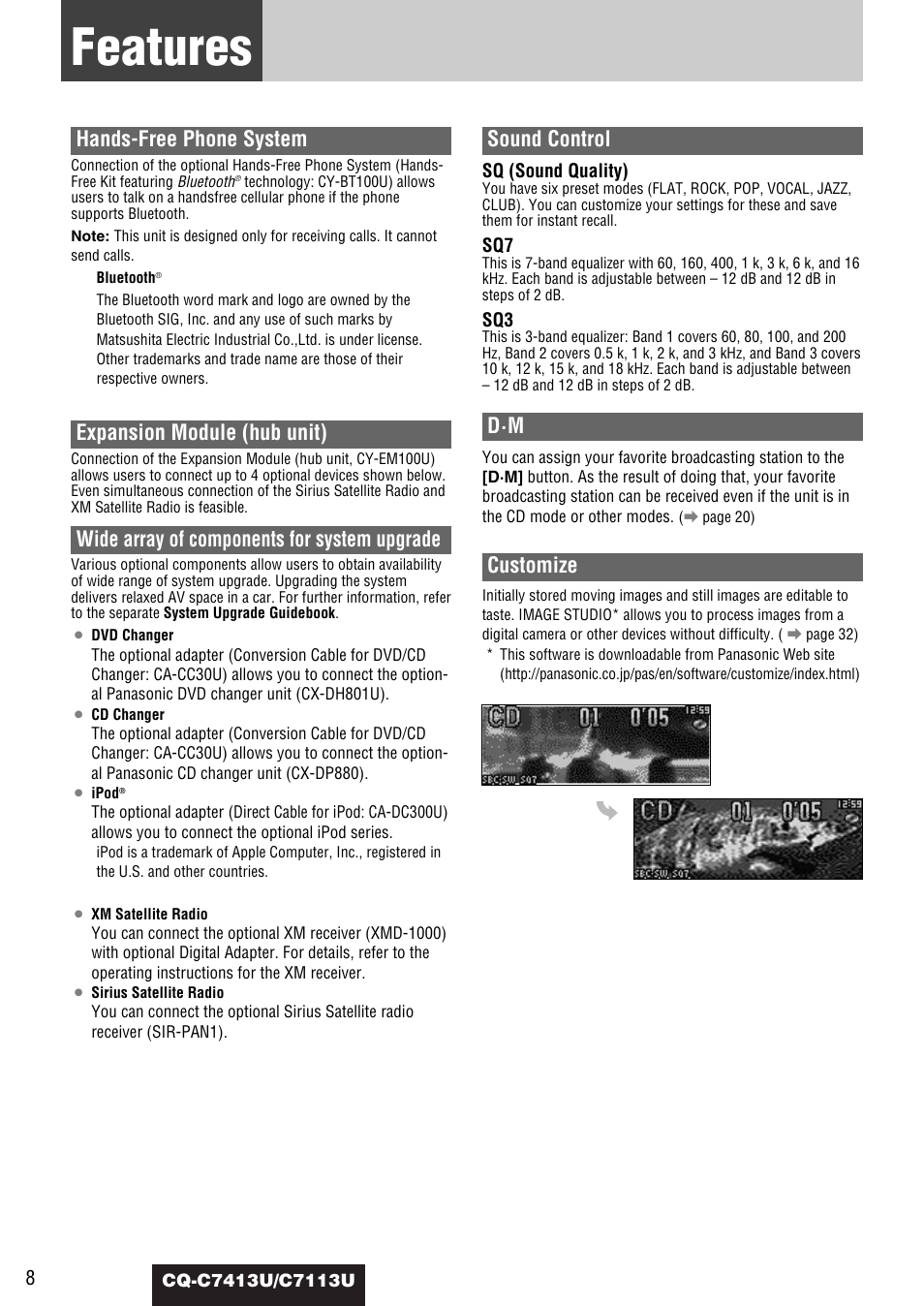 Features, Hands-free phone system, Expansion module (hub unit) | Wide array of components for system upgrade, Sound control, Customize | Panasonic CQ-C7413U User Manual | Page 8 / 114
