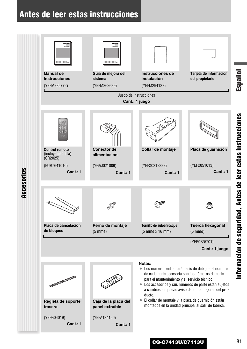 Antes de leer estas instrucciones, Español, Accesorios | Panasonic CQ-C7413U User Manual | Page 81 / 114