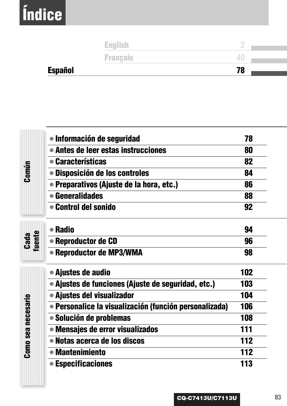 Indice, Índice | Panasonic CQ-C7413U User Manual | Page 83 / 114