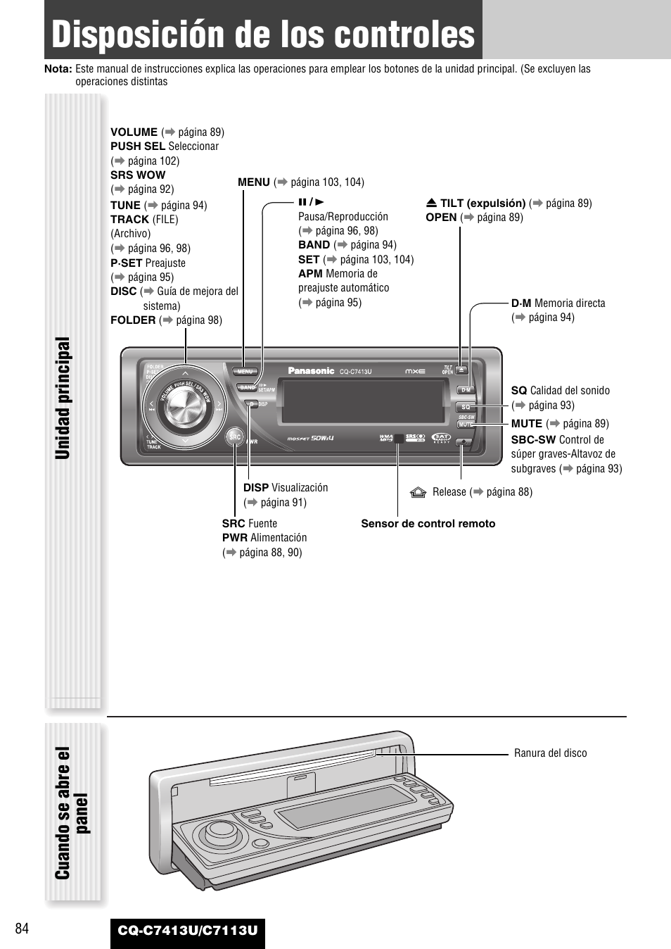 Disposicion de los controles, Disposición de los controles, Unidad principal | Cuando se abre el panel | Panasonic CQ-C7413U User Manual | Page 84 / 114