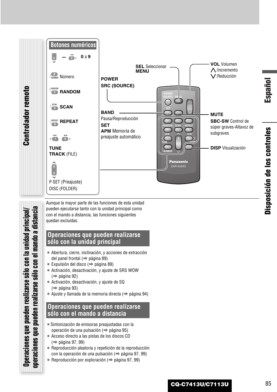 Español, Botones numéricos | Panasonic CQ-C7413U User Manual | Page 85 / 114