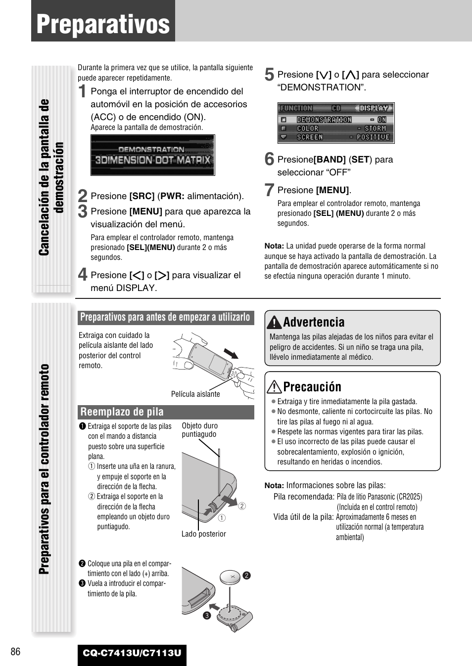 Preparativos (ajuste de la hora, etc.), Preparativos, Advertencia | Precaución | Panasonic CQ-C7413U User Manual | Page 86 / 114