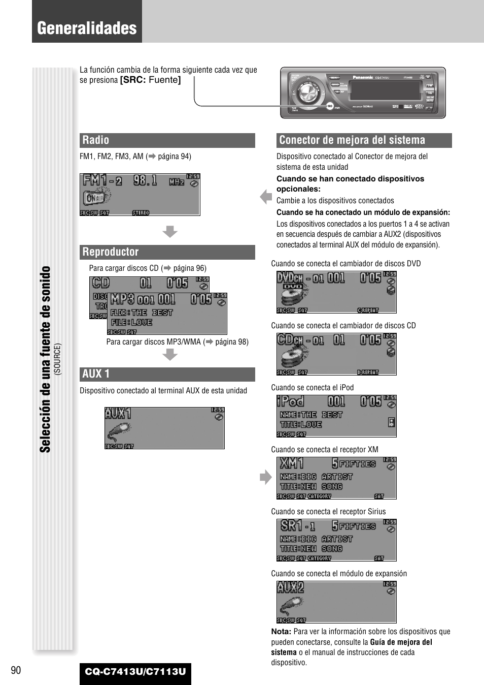Generalidades, Selección de una fuente de sonido, Radio | Reproductor, Aux 1, Conector de mejora del sistema | Panasonic CQ-C7413U User Manual | Page 90 / 114