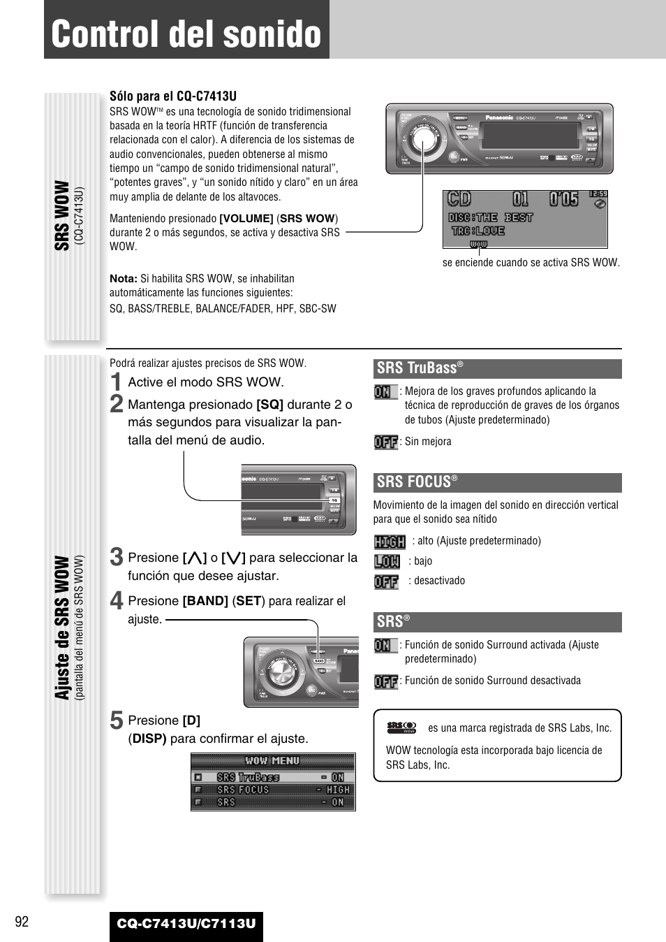 Control del sonido, Srs wow, Ajuste de srs wow | Panasonic CQ-C7413U User Manual | Page 92 / 114
