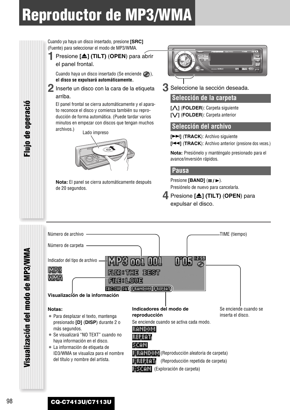 Reproductor de mp3/wma, Flujo de operació, Visualización del modo de mp3/wma | Panasonic CQ-C7413U User Manual | Page 98 / 114