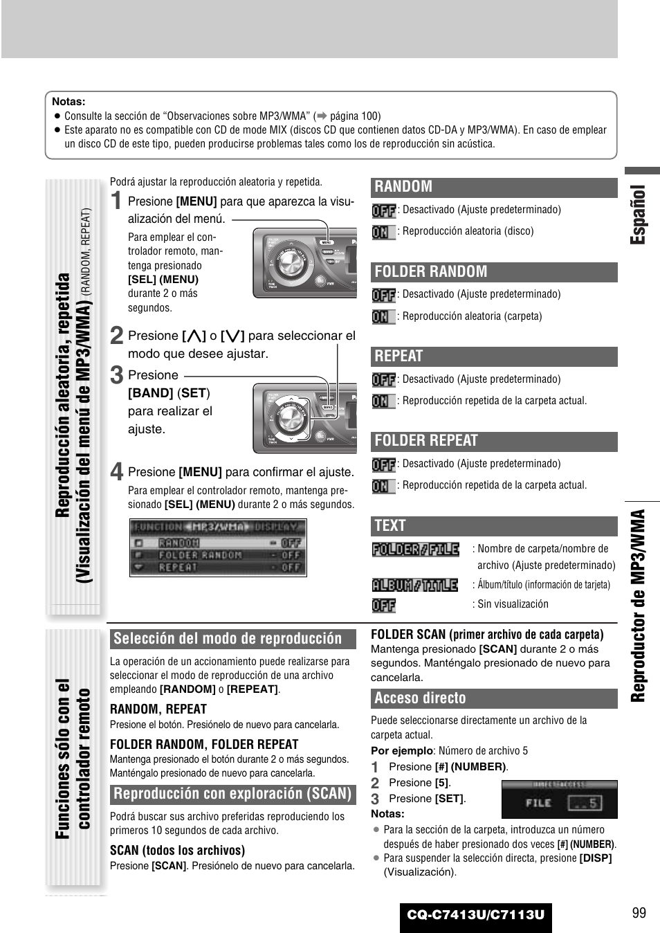 Español, Reproductor de mp3/wma, Funciones sólo con el controlador remoto | Panasonic CQ-C7413U User Manual | Page 99 / 114