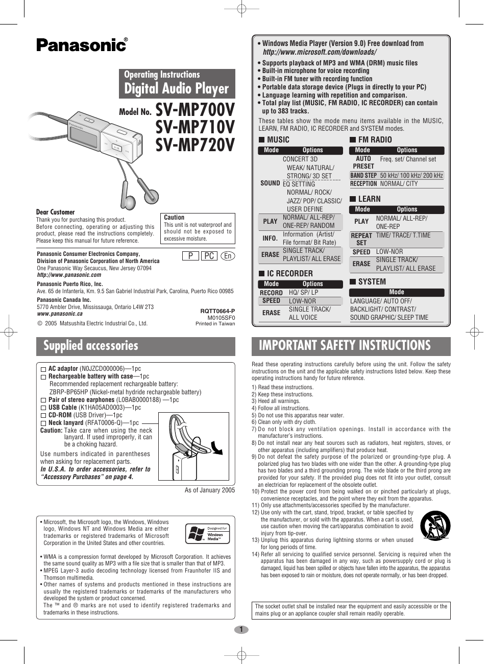 Panasonic SV-MP710V User Manual | 8 pages