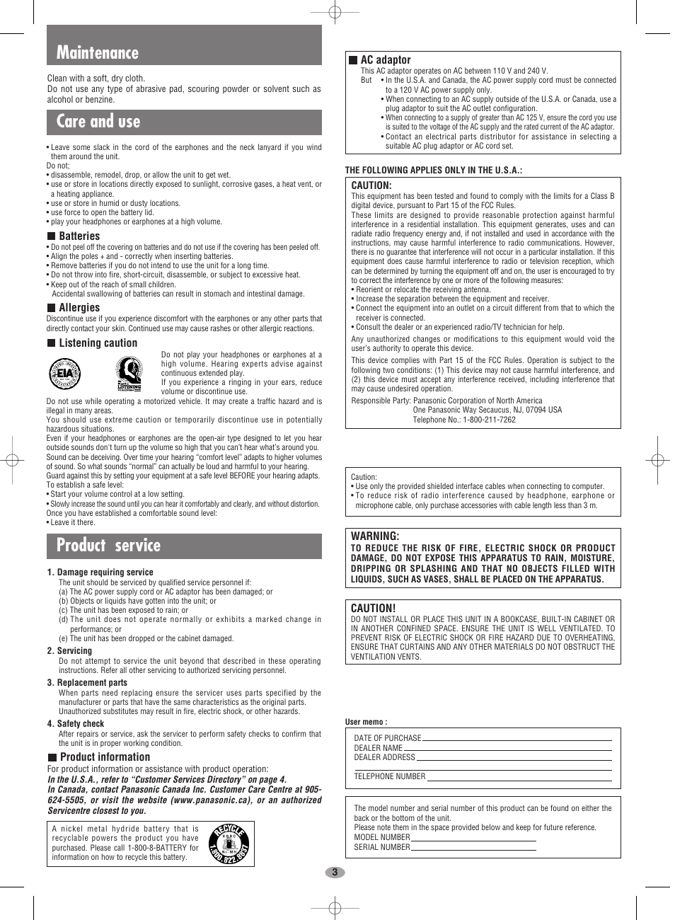 Care and use maintenance, Product service | Panasonic SV-MP710V User Manual | Page 3 / 8