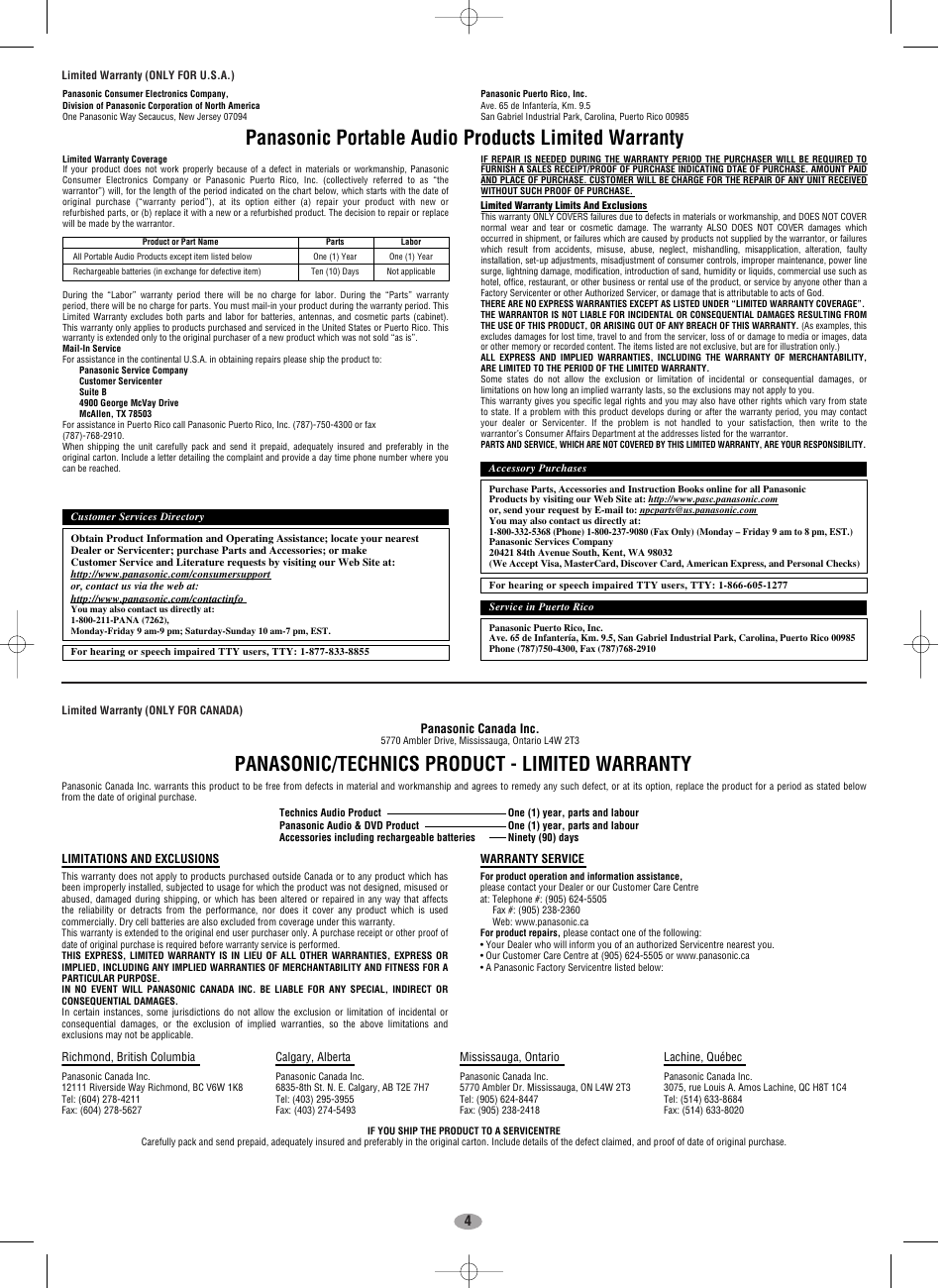 Panasonic portable audio products limited warranty, Panasonic/technics product - limited warranty | Panasonic SV-MP710V User Manual | Page 4 / 8