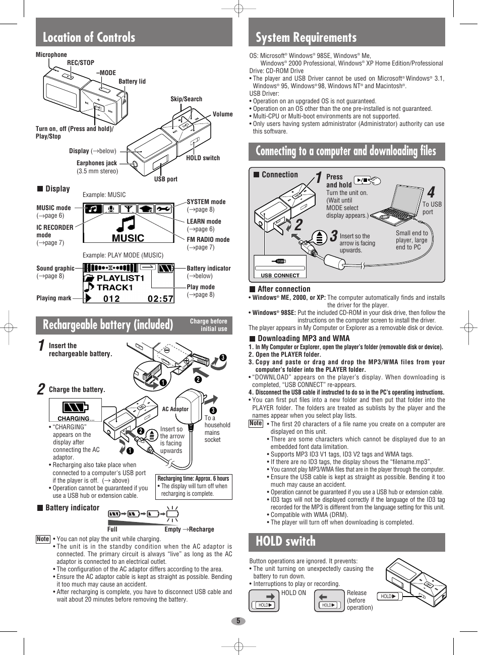System requirements location of controls, Hold switch, Connecting to a computer and downloading files | Rechargeable battery (included) | Panasonic SV-MP710V User Manual | Page 5 / 8