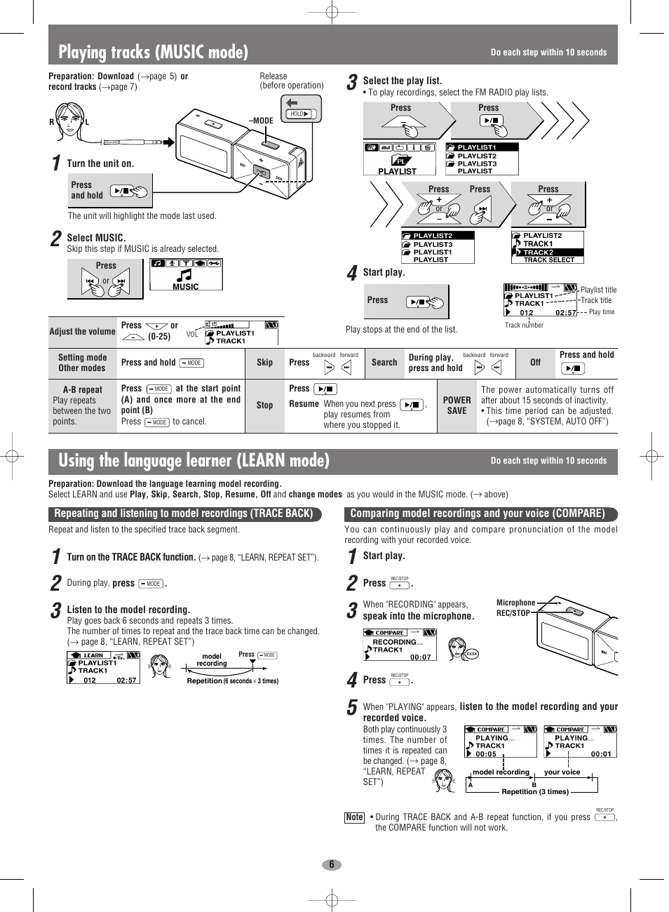 Using the language learner (learn mode), Playing tracks (music mode) | Panasonic SV-MP710V User Manual | Page 6 / 8