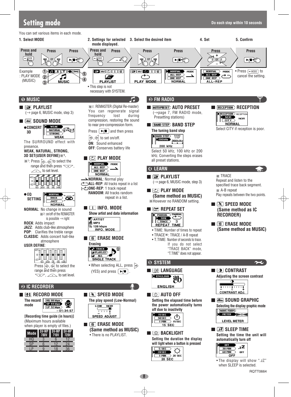 Setting mode | Panasonic SV-MP710V User Manual | Page 8 / 8