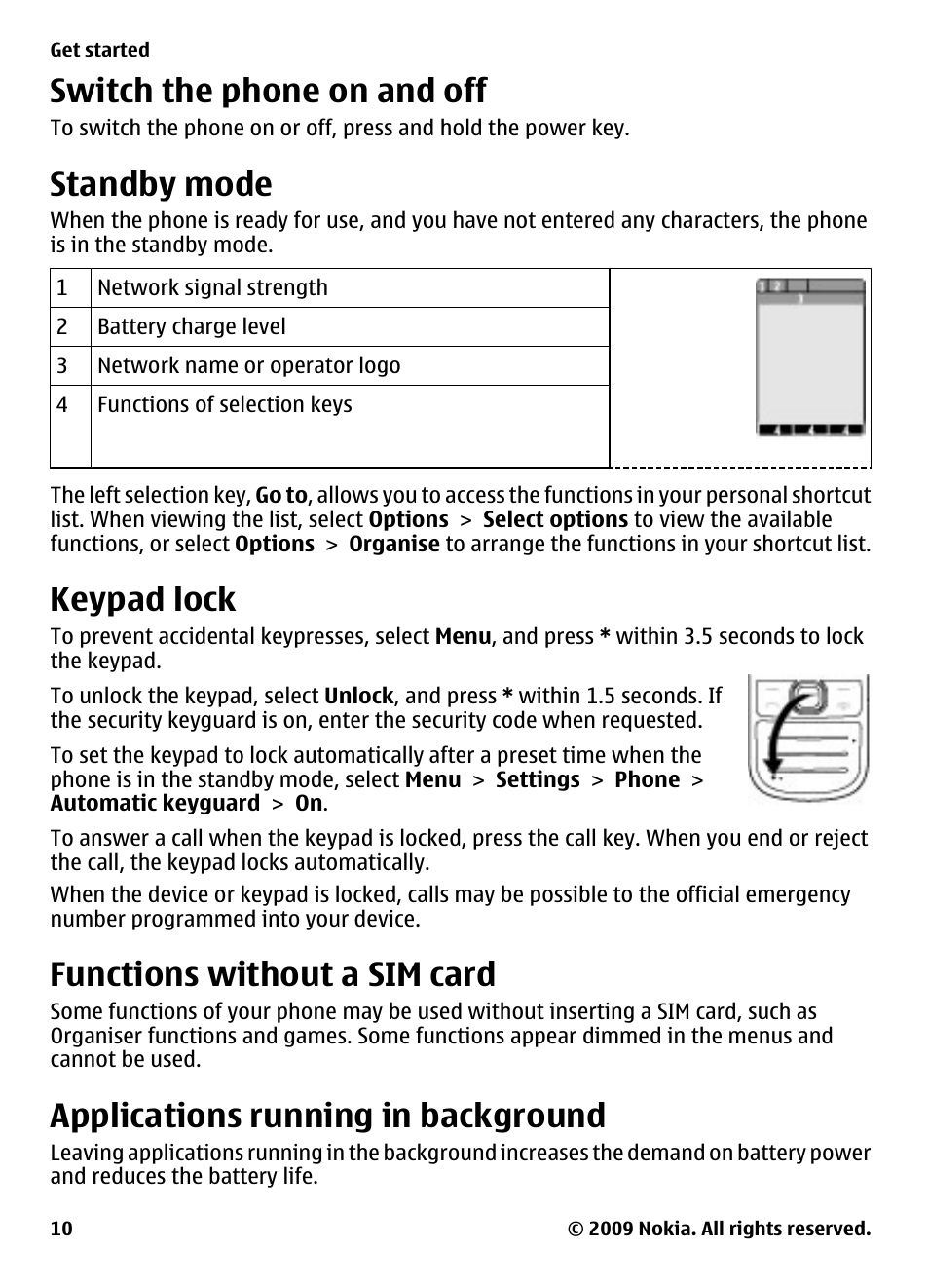 Switch the phone on and off, Standby mode, Keypad lock | Functions without a sim card, Applications running in background | Nokia 2700 Classic User Manual | Page 10 / 37
