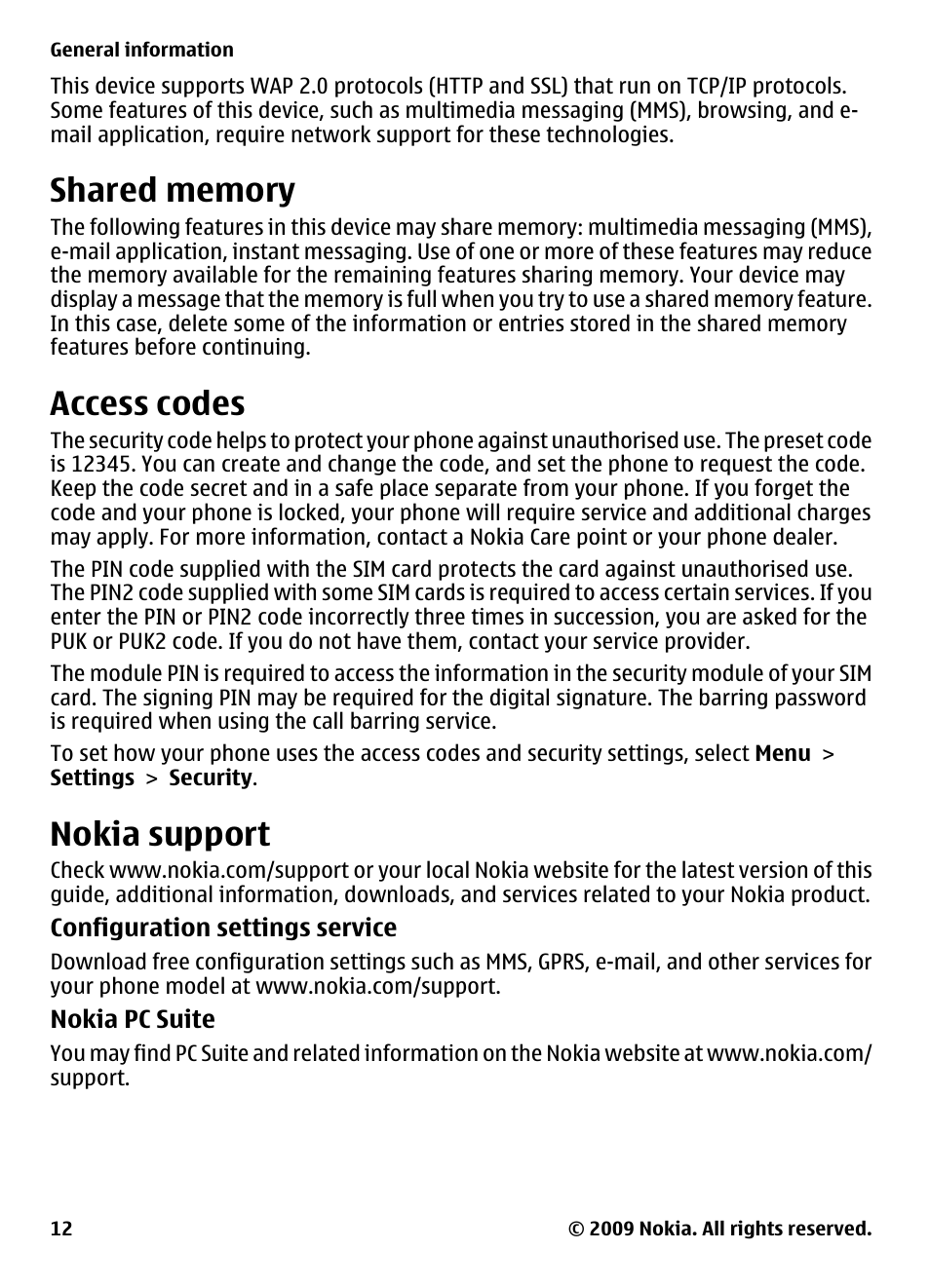 Shared memory, Access codes, Nokia support | Nokia 2700 Classic User Manual | Page 12 / 37