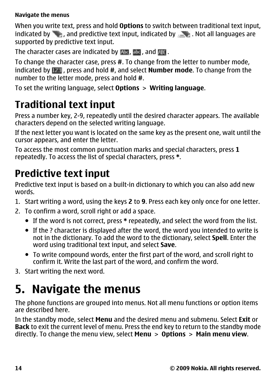 Traditional text input, Predictive text input, Navigate the menus | Nokia 2700 Classic User Manual | Page 14 / 37