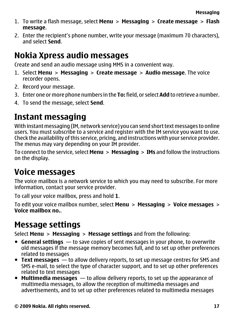 Nokia xpress audio messages, Instant messaging, Voice messages | Message settings | Nokia 2700 Classic User Manual | Page 17 / 37