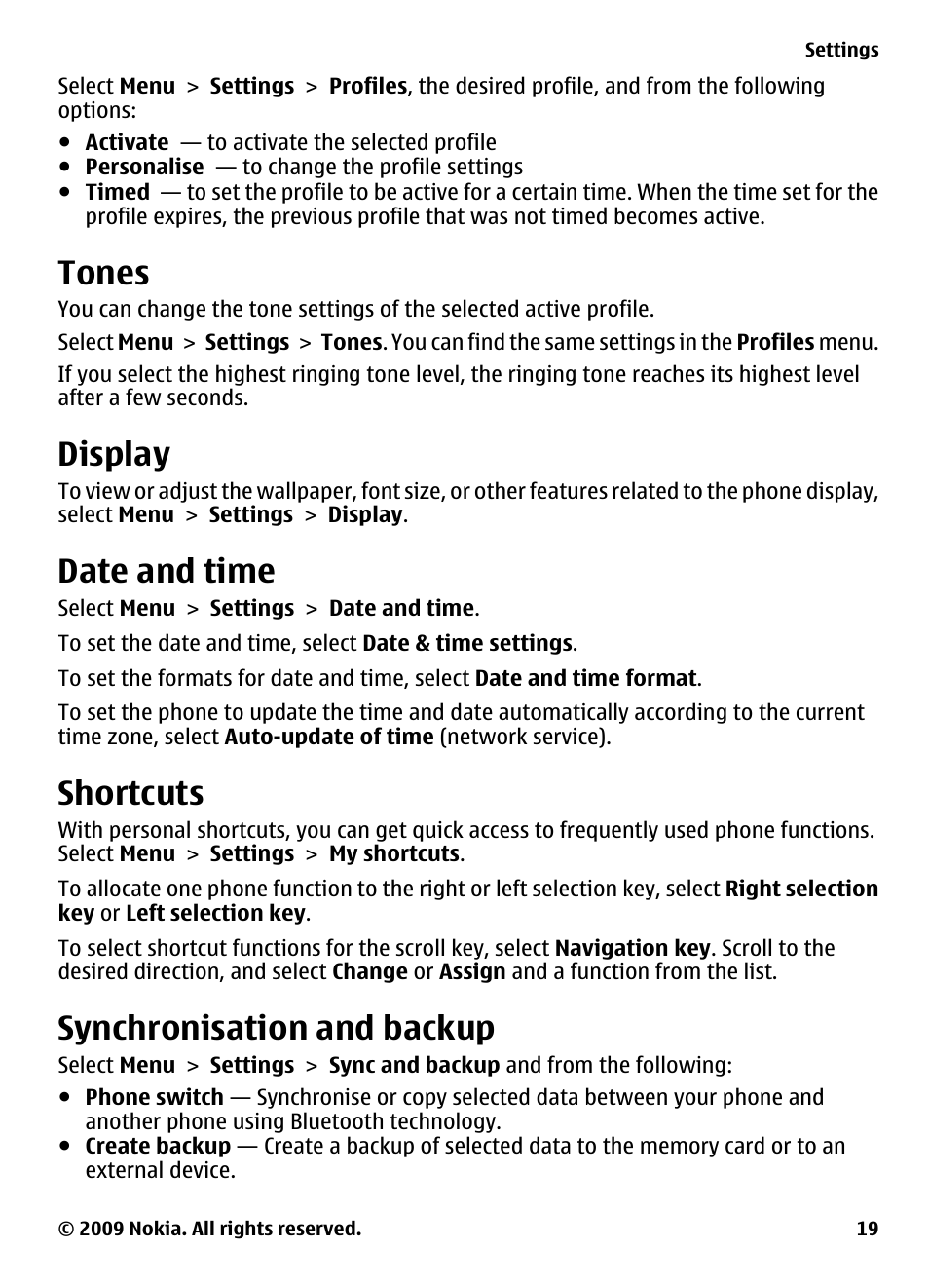 Tones, Display, Date and time | Shortcuts, Synchronisation and backup | Nokia 2700 Classic User Manual | Page 19 / 37