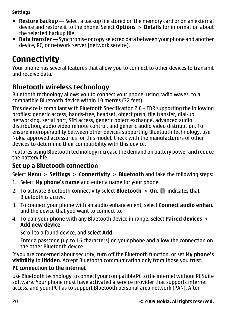 Connectivity, Bluetooth wireless technology | Nokia 2700 Classic User Manual | Page 20 / 37