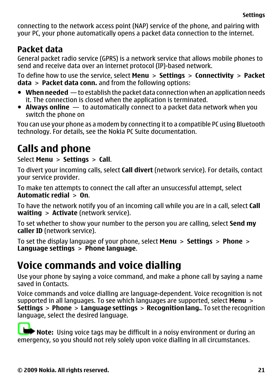 Packet data, Calls and phone, Voice commands and voice dialling | Nokia 2700 Classic User Manual | Page 21 / 37