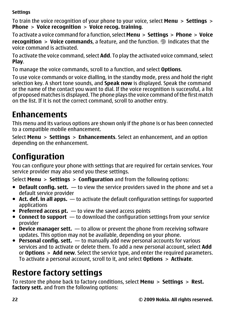 Enhancements, Configuration, Restore factory settings | Nokia 2700 Classic User Manual | Page 22 / 37