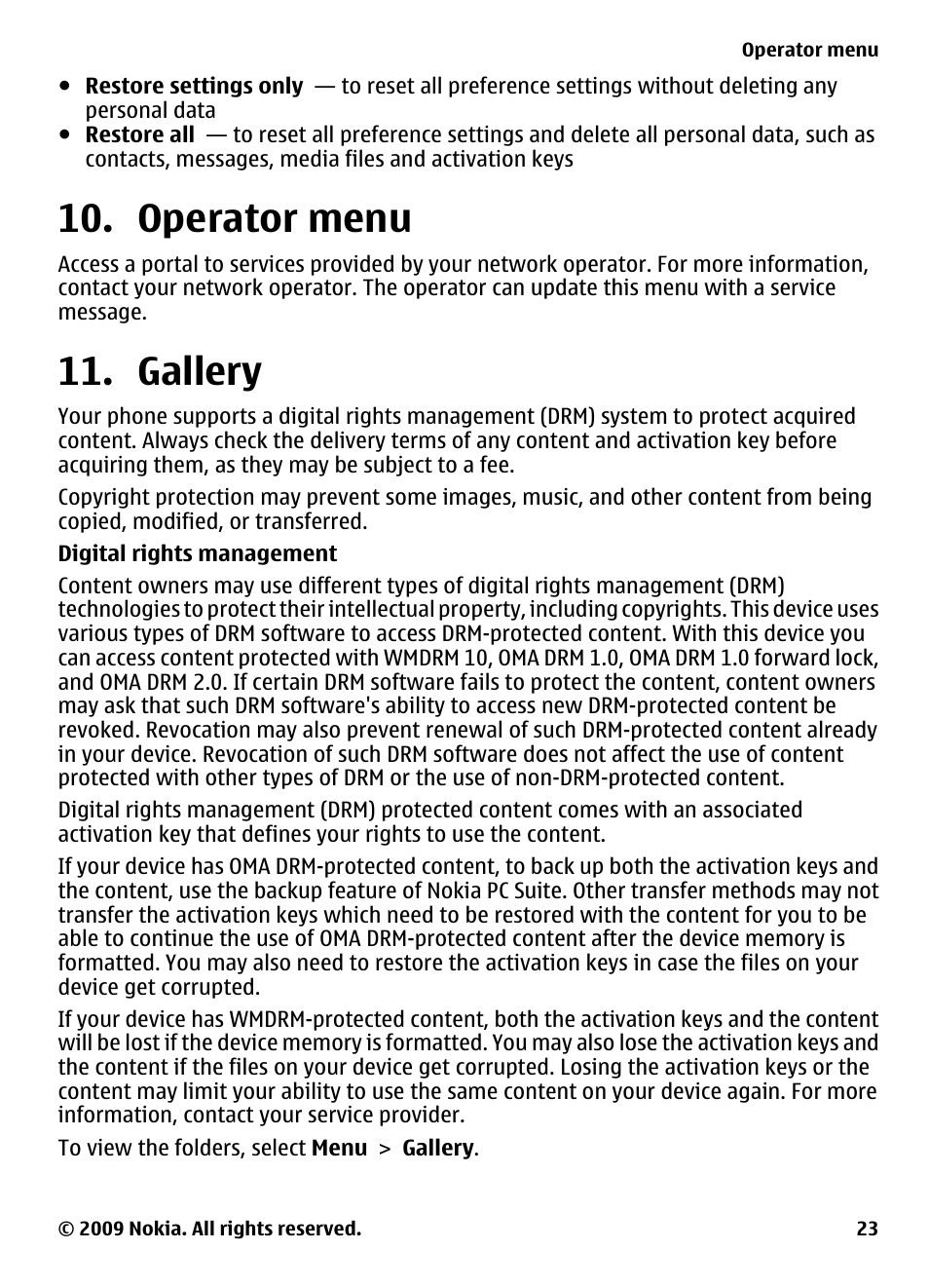 Operator menu, Gallery, Operator menu 11. gallery | Nokia 2700 Classic User Manual | Page 23 / 37