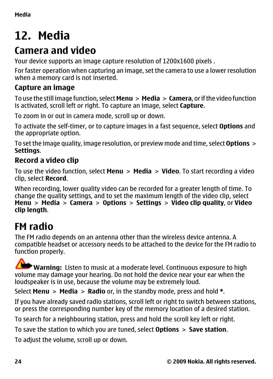 Media, Camera and video, Fm radio | Nokia 2700 Classic User Manual | Page 24 / 37