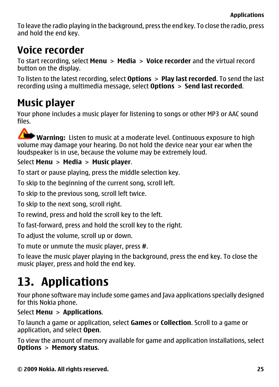 Voice recorder, Music player, Applications | Nokia 2700 Classic User Manual | Page 25 / 37