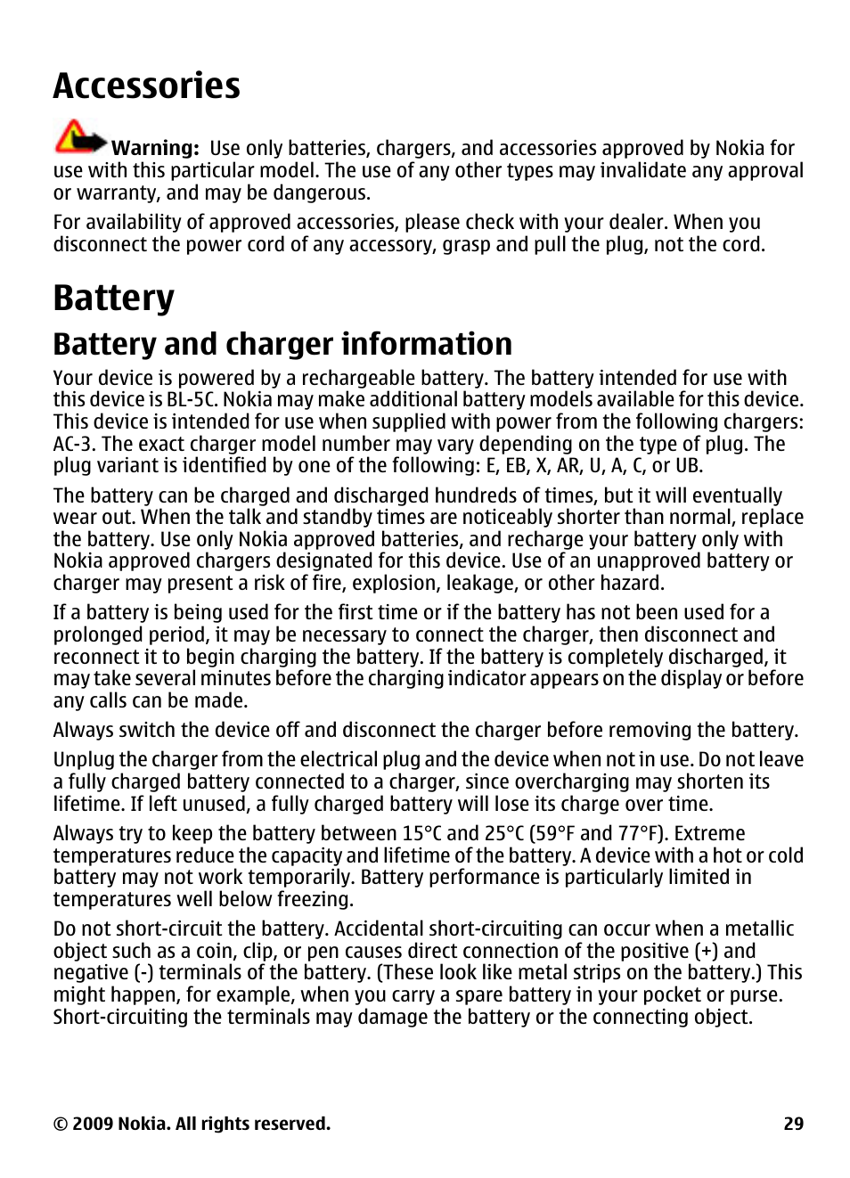 Accessories, Battery, Battery and charger information | Accessories battery | Nokia 2700 Classic User Manual | Page 29 / 37