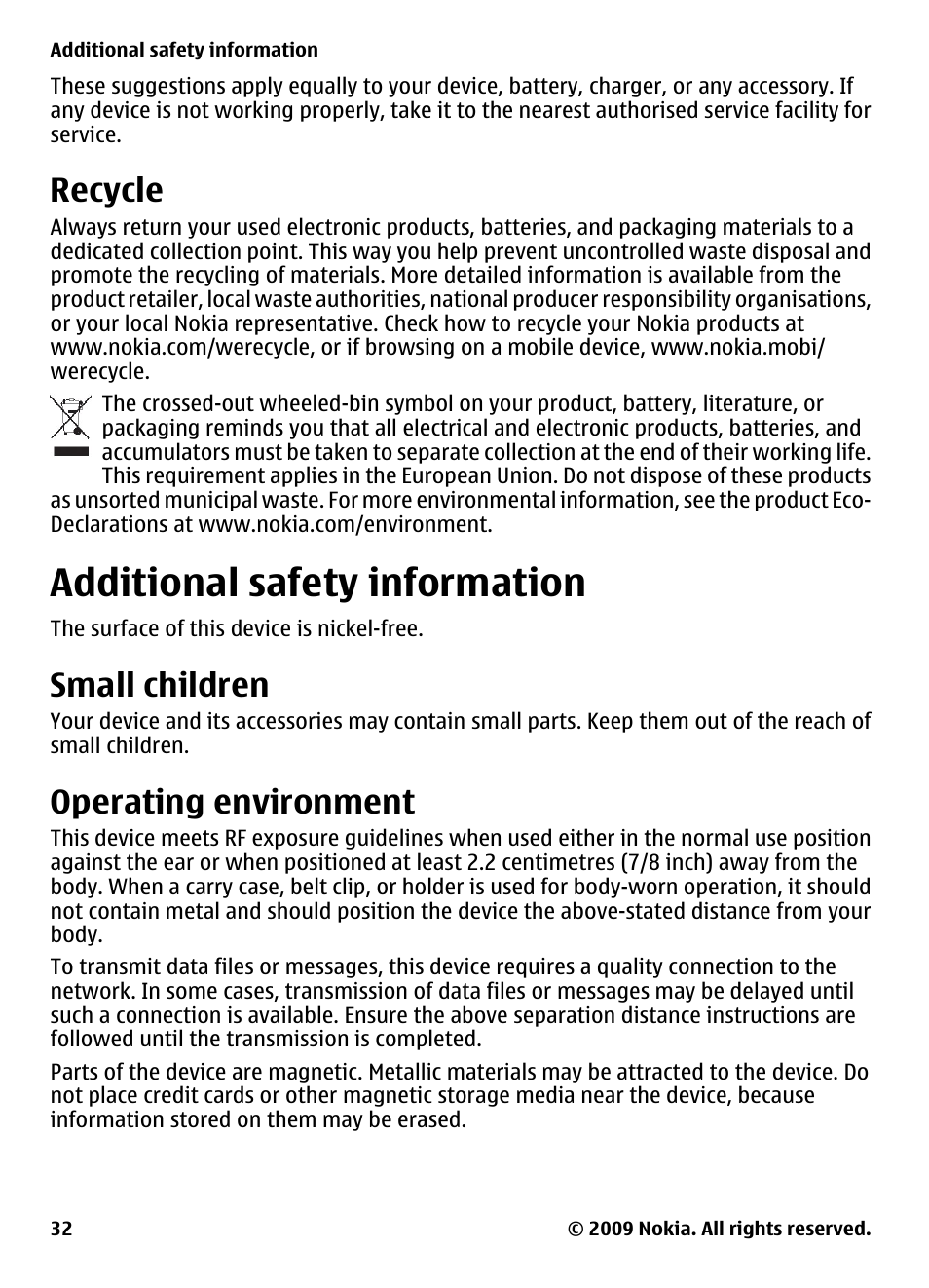Recycle, Additional safety information, Small children | Operating environment, Additional safety, Information | Nokia 2700 Classic User Manual | Page 32 / 37