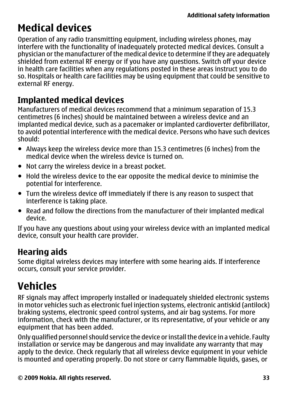 Medical devices, Implanted medical devices, Hearing aids | Vehicles | Nokia 2700 Classic User Manual | Page 33 / 37