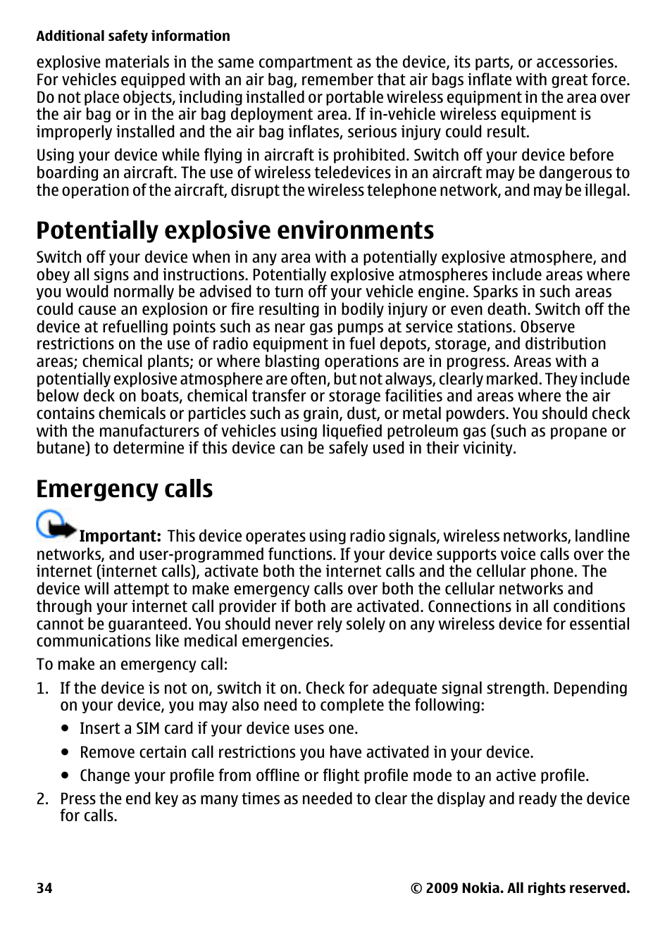 Potentially explosive environments, Emergency calls | Nokia 2700 Classic User Manual | Page 34 / 37