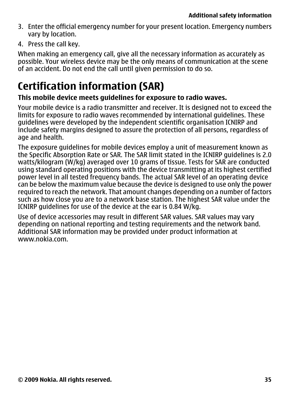Certification information (sar) | Nokia 2700 Classic User Manual | Page 35 / 37