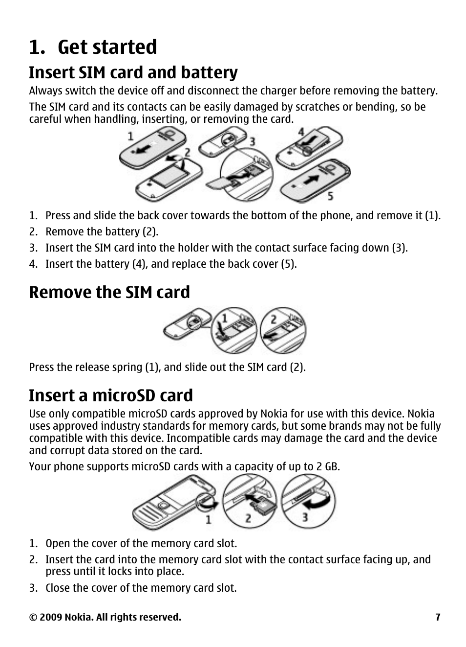 Get started, Insert sim card and battery, Remove the sim card | Insert a microsd card | Nokia 2700 Classic User Manual | Page 7 / 37