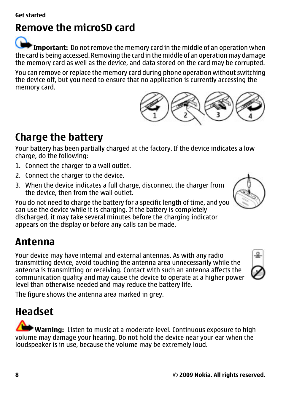 Remove the microsd card, Charge the battery, Antenna | Headset | Nokia 2700 Classic User Manual | Page 8 / 37