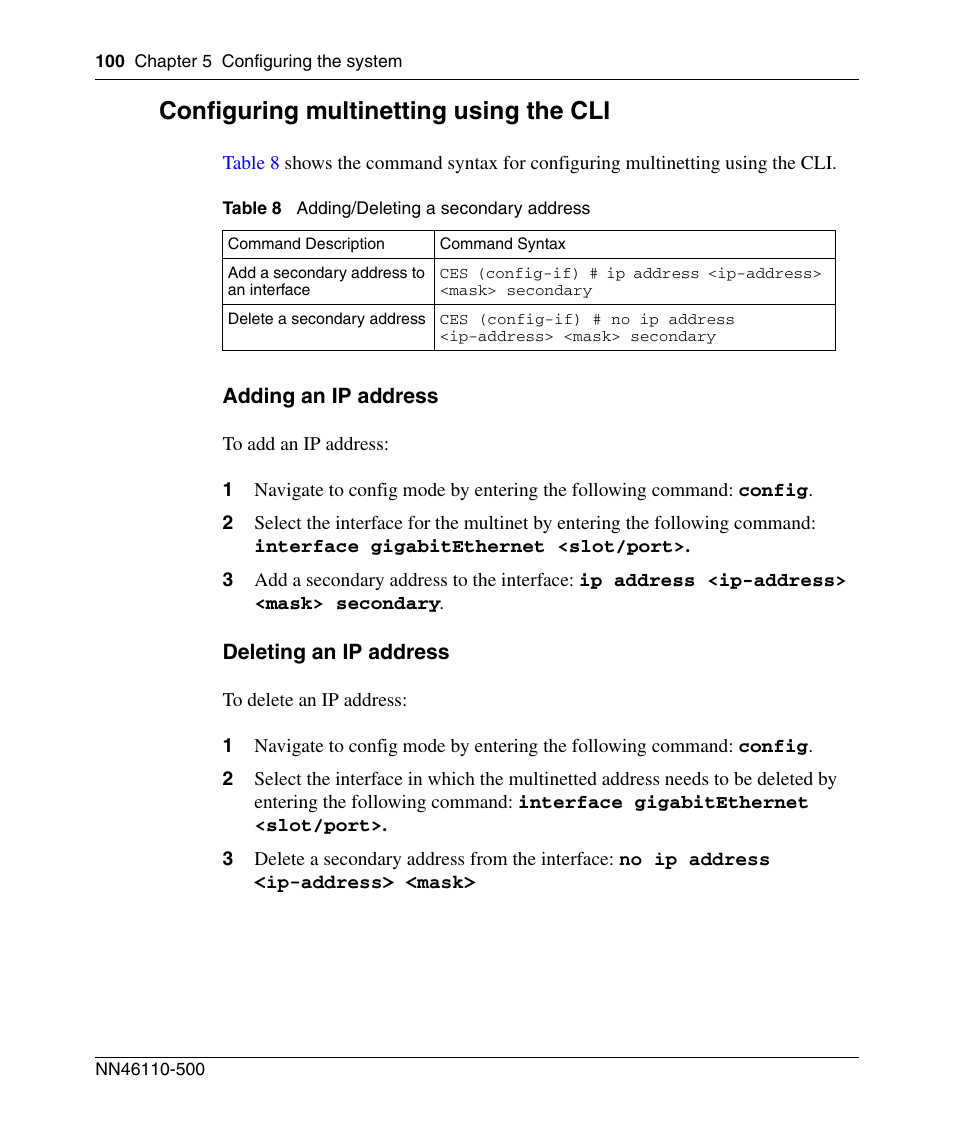 Configuring multinetting using the cli, Adding an ip address, Deleting an ip address | Panasonic 7 User Manual | Page 100 / 178
