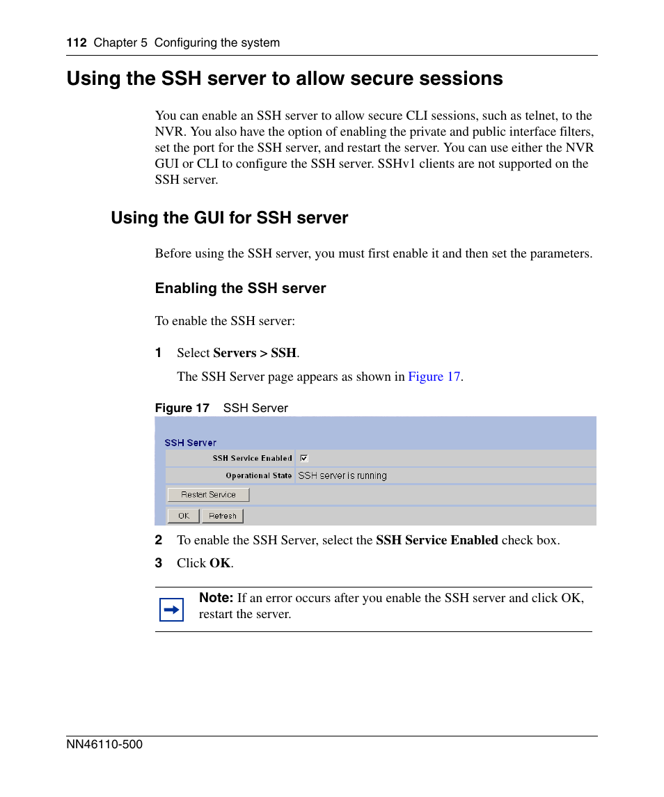 Using the ssh server to allow secure sessions, Using the gui for ssh server | Panasonic 7 User Manual | Page 112 / 178