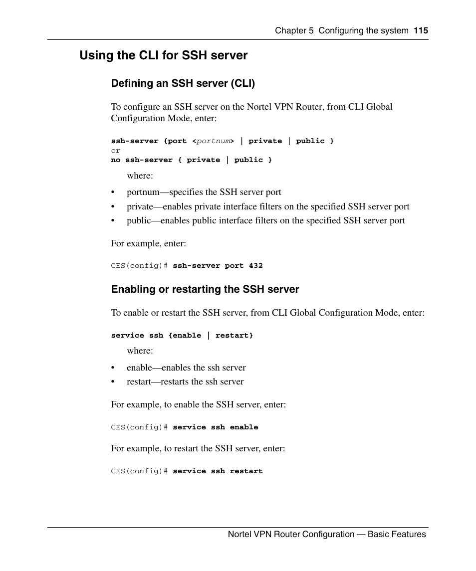 Using the cli for ssh server, Defining an ssh server (cli), Enabling or restarting the ssh server | Panasonic 7 User Manual | Page 115 / 178