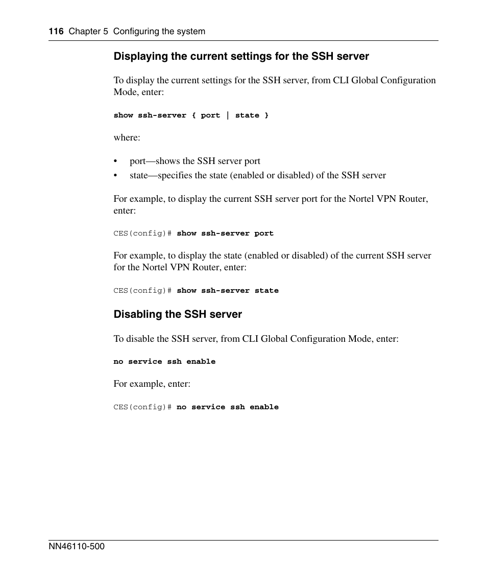 Displaying the current settings for the ssh server, Disabling the ssh server | Panasonic 7 User Manual | Page 116 / 178