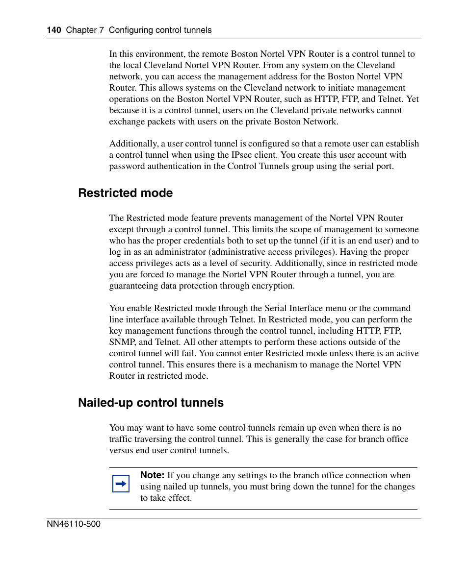 Restricted mode, Nailed-up control tunnels | Panasonic 7 User Manual | Page 140 / 178