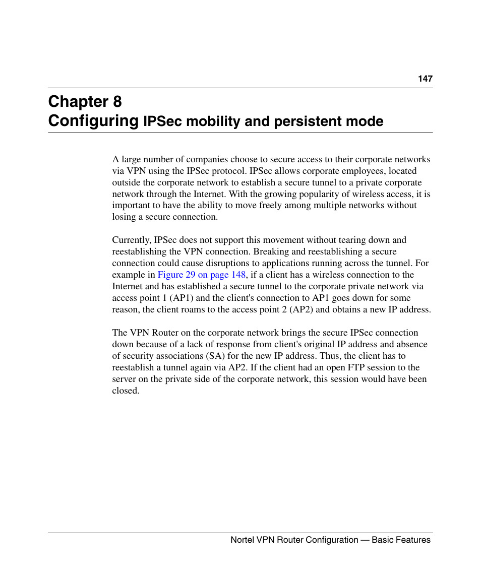 Chapter 8, Configuring ipsec mobility and persistent mode, Chapter 8 configuring | Ipsec mobility and persistent mode | Panasonic 7 User Manual | Page 147 / 178