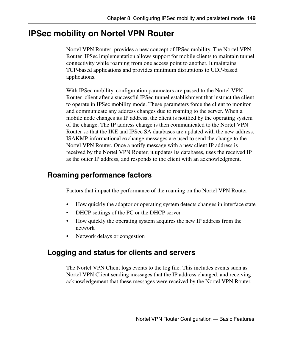 Ipsec mobility on nortel vpn router, Roaming performance factors, Logging and status for clients and servers | Panasonic 7 User Manual | Page 149 / 178