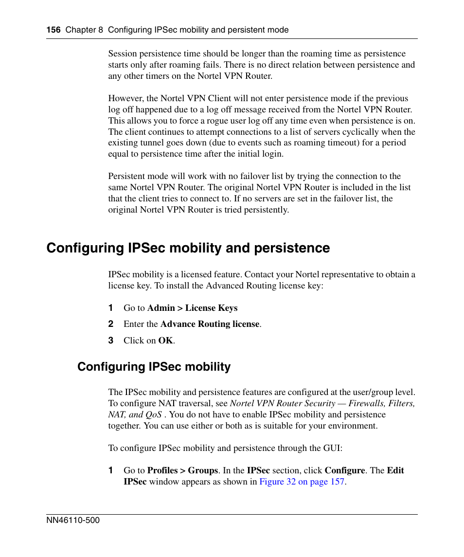 Configuring ipsec mobility and persistence, Configuring ipsec mobility | Panasonic 7 User Manual | Page 156 / 178