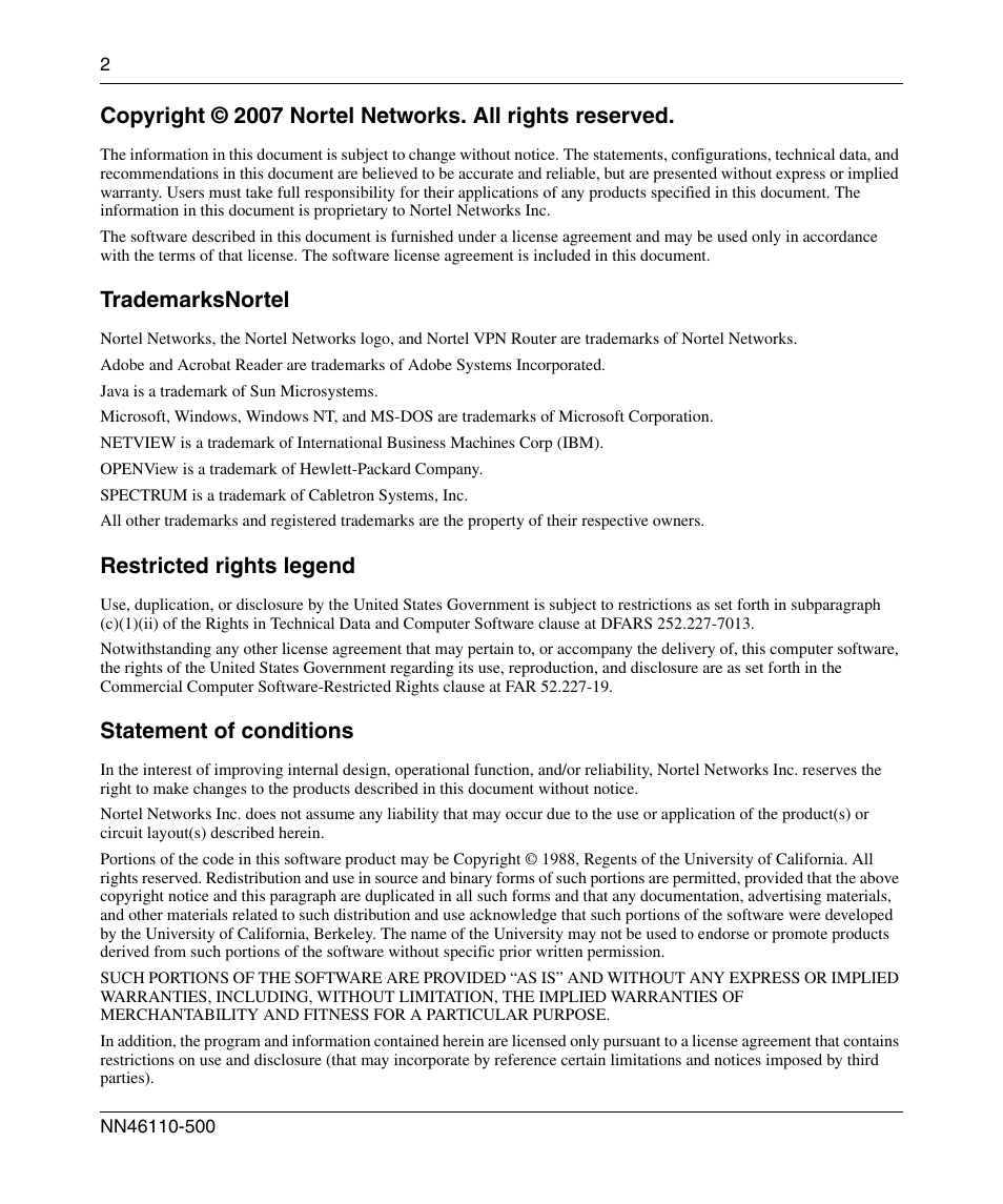 Trademarksnortel, Restricted rights legend, Statement of conditions | Panasonic 7 User Manual | Page 2 / 178